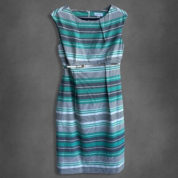 Calvin Klein Striped Sheath Dress with Metallic Belt Sleeveless Multicolor 8 NWT - Picture 2 of 9